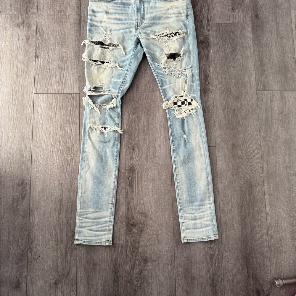 AMIRI Light Blue Distressed Skinny Jeans MX1 Art Patch Skinny Jeans